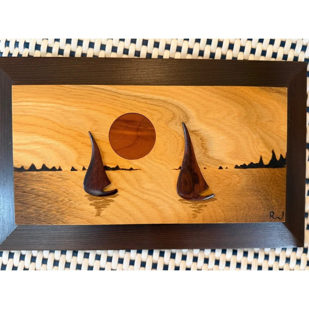 Robert W Johnson Wood Marquetry Sailboat Sunset Signed California Art Picture